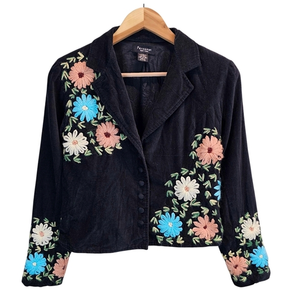 Vtg Persaman Micro Corduroy Floral Jacket 2 Black Boho Chic Pheobe Buffay 90s - Picture 1 of 13